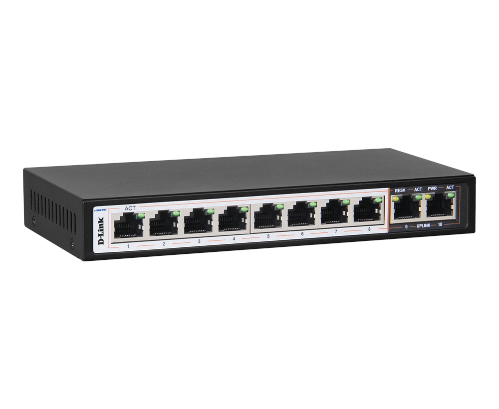 D-Link DGS-F1010P-E 8 Port PoE+ Gigabit Unmanaged Switch with 2 Gigabit Uplink Ports | 96W, 250m Extend Mode D-Link DGS-F1010P-E 8 Port PoE+ Gigabit Unmanaged Switch with 2 Gigabit Uplink Ports | 96W, 250m Extend Mode